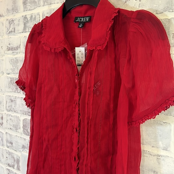 J.Crew Women’s Sheer Lace-Trim Button Up Shirt Short Sleeves Red NWT Sz 00 CD018 - Picture 6 of 9